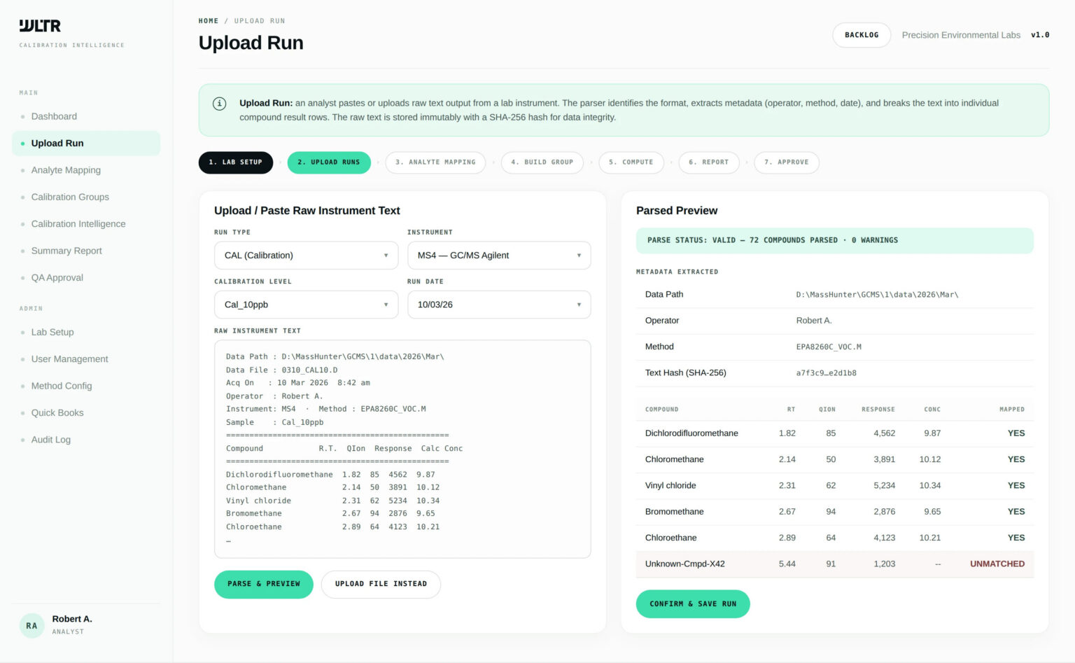 WLTR Upload Run screen with parsed calibration levels and file preview