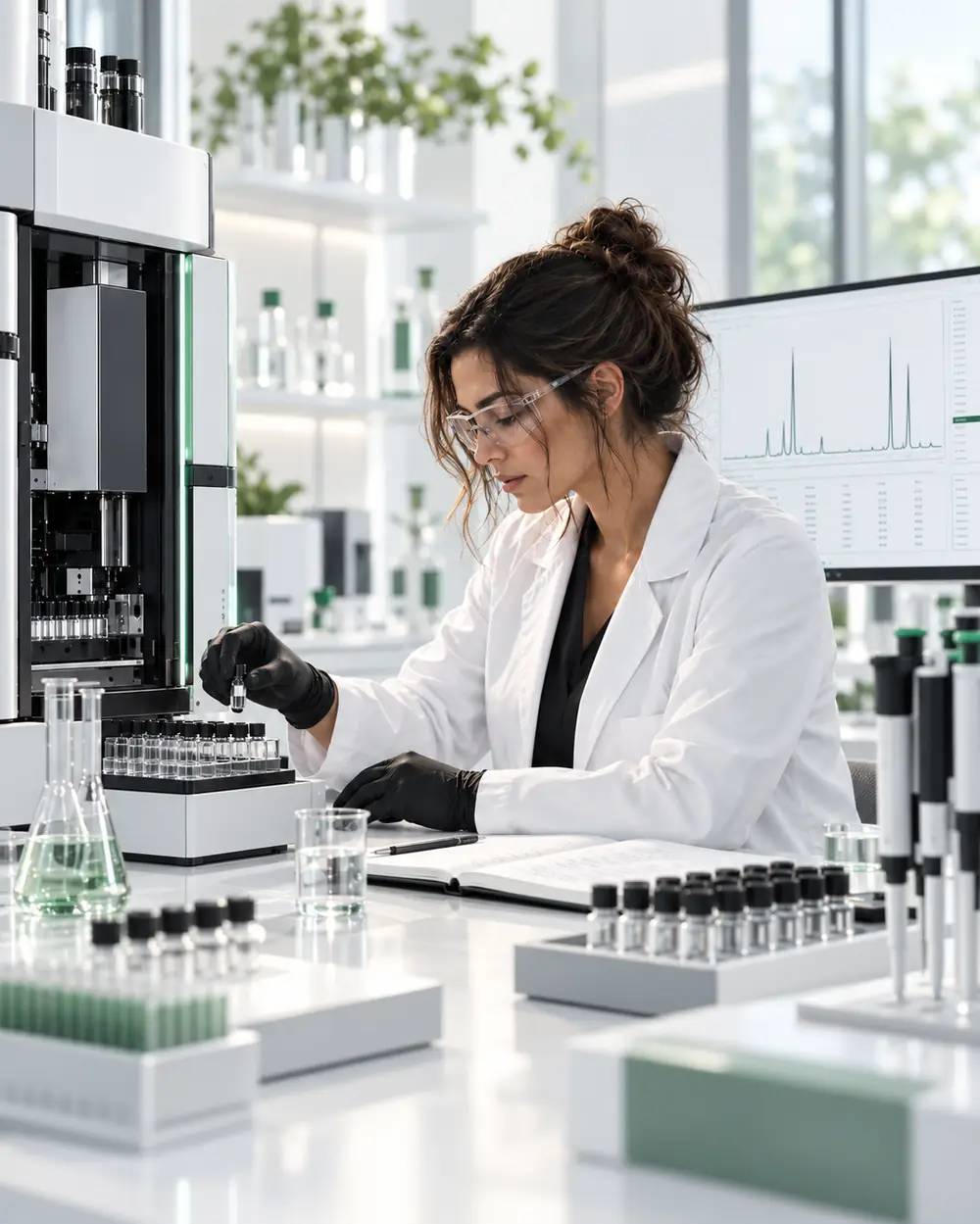 Bioanalytical scientist loading sample vials into an LC-MS autosampler with chromatography data on screen